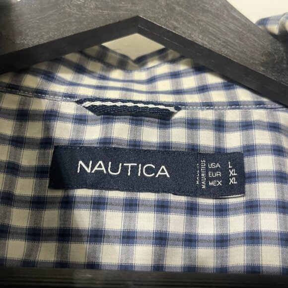NAUTICA Navy Blue‎ White Plaid Long-Sleeve Button-Down Shirt Mens Large - Picture 4 of 5